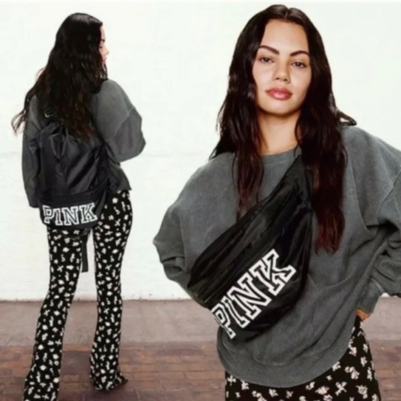 VICTORIA'S SECRET PINK CONVERTIBLE BACKPACK FANNY PACK BLACK WHITE  LOGO NWT - Picture 1 of 5